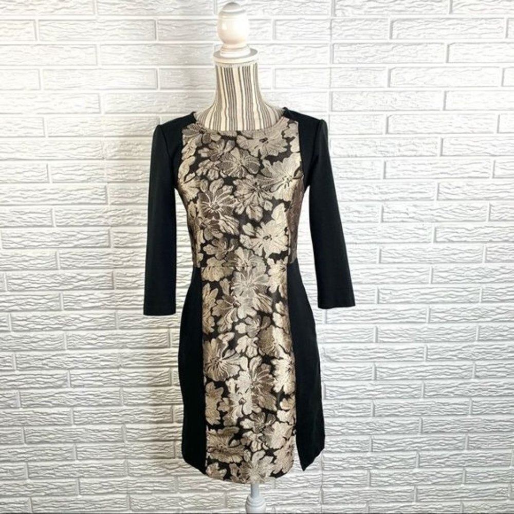 DKNYC Black and Gold Floral Paneled Dress Size 4